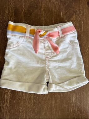 White Girls Knit Roll-Cuff Shorts with Pink & Yellow Waist Tie